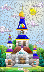 Illustration in stained glass style with a Christian ancient temple on a background of sunny blue sky and trees