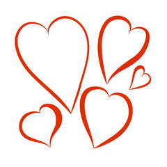 Contour silhouette red heart, set of heart shapes hand drawn flat vector