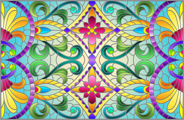 Illustration in stained glass style with abstract flowers, leaves and curls on a blue background, rectangular horizontal image