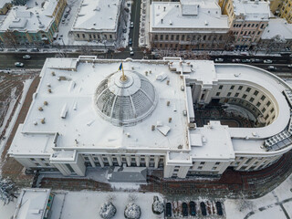 Aerial drone view. Building The Verkhovna Rada of Ukraine is a legislative body Snowy winter.