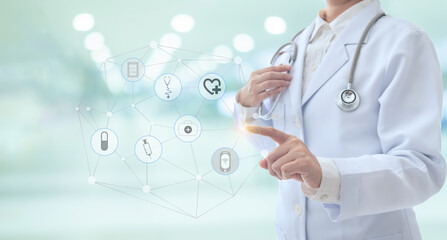 healthcare and medicine technology service concept. doctor touching icon medical network and...