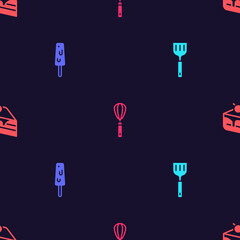 Set Spatula, Ice cream, Kitchen whisk and Piece of cake on seamless pattern. Vector.