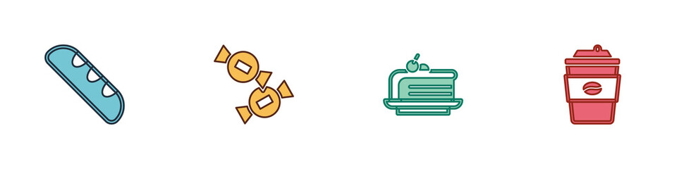 Set French baguette bread, Candy, Piece of cake and Coffee cup to go icon. Vector.