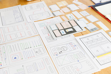 Graphic designers work together with UX UI designer planning application template layout framework for mobile phone computer mobile