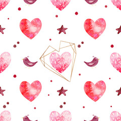 Seamless watercolor romantic pattern  with hearts, stars, birds, confetti elements. Hand painted background for valentine's day, wedding decor.