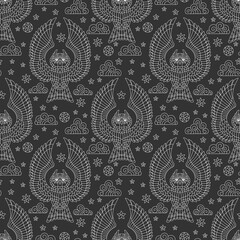 Seamless pattern with owls, stars and clouds, light outline birds on a dark background
