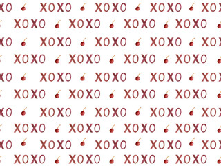 Seamless watercolor romantic pattern in vintage style with xoxo symbols and cherries. Background for valentine's day, wedding decor.