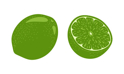 Lime icon. Citrus fruit. Whole and half a lime. Vector illustration. 