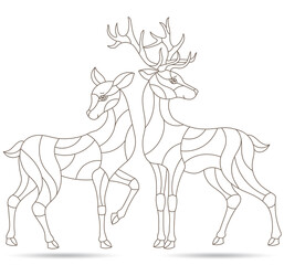 Set of contour illustrations in stained glass style with funny cartoon deers, outline  figures isolated on a white background