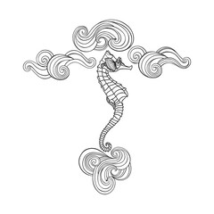 Marine illustration with seahorse, waves on white. Outline. Vector. Perfect as a greeting card, invitation, design element.