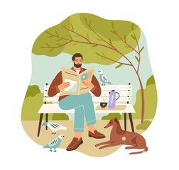 Carefree young man relaxing, enjoying calmness and reading newspaper on bench in park. Concept of slow life. Hand-drawn colored flat vector illustration isolated on white background