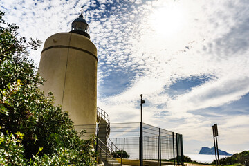 Lighthouse and Gibraltar rock, La Alcaidesa, Spain.