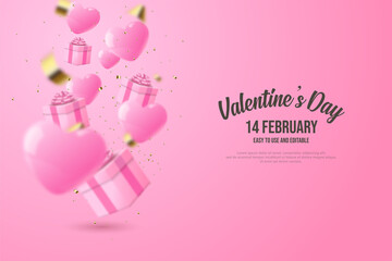 Valentine's day background with pink love balloons and 3d gift boxes.
