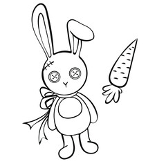 Toy rabbit with carrot. Black and white vector illustration for coloring book