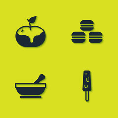 Set Apple in caramel, Ice cream, Mortar and pestle and Macaron cookie icon. Vector.