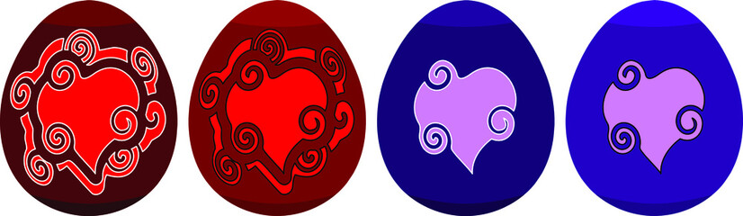 set of colorful 3D eggs with a heart pattern for Easter on a white background  