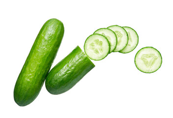 Whole and slices cucumber isolated on white background