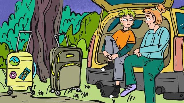 Let the family road trip begin, comic cartoon looped animation