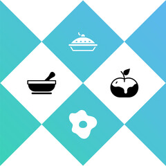 Set Mortar and pestle, Scrambled eggs, Homemade pie and Apple in caramel icon. Vector.