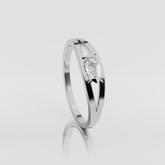 Wedding decorative silver ring or white gold with diamond on white background with reflection, sign of love, advertising material, 3d rendering