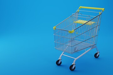 Metal wire shopping cart with yellow handle for mall on blue background, self-service supermarket trolley, grocery shop, empty bag on wheels to carry heavy items, purchasing, 3d rendering