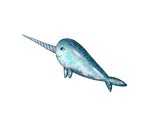 Digital cute narwhal, whale, blue isolated on white background. A marine animal. Antarctic unicorn whale. Funny children's illustration. © Елена Попова