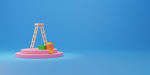 colorful background illustration. Simple composition with ladder and boxes on podium. image to illustrate the development or renovation concept with free space. 3d render. - 406632197