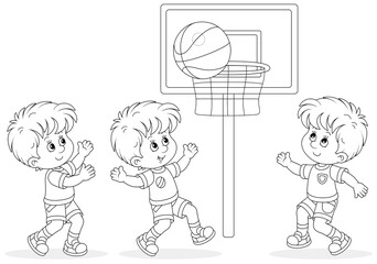Cheerful little kids playing basketball with a big sports ball on a sportsground, black and white outline vector cartoon illustration for a coloring book page