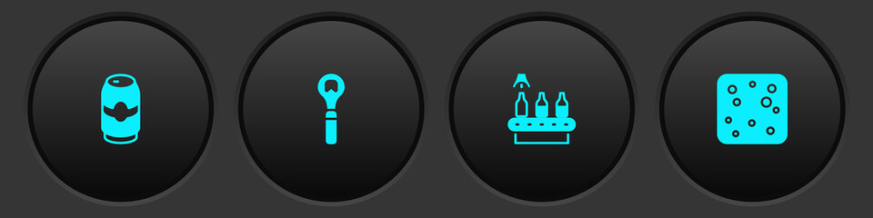 Set Beer can, Bottle opener, Conveyor band, beer and bubbles icon. Vector.