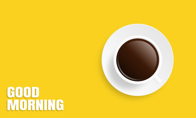 Good morning. A cup of coffee with the saucer on a yellow background