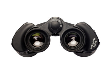 Binoculars on an isolated white background. Banner. Flat lay, top view
