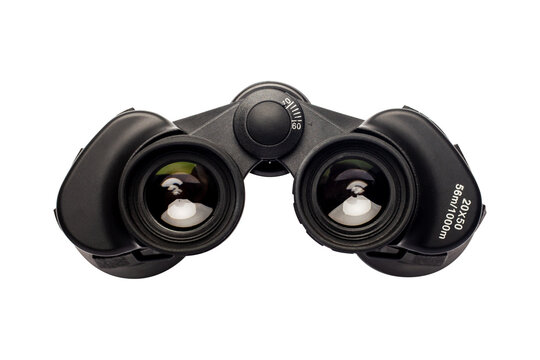 Binoculars on an isolated white background. Banner. Flat lay, top view