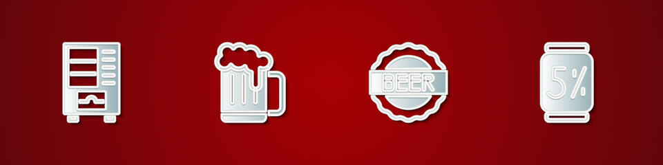 Set Vending machine, Wooden beer mug, Bottle cap with and Beer can icon. Vector.