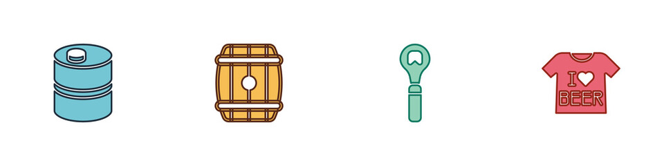 Set Metal beer keg, Wooden barrel, Bottle opener and Beer T-shirt icon. Vector.