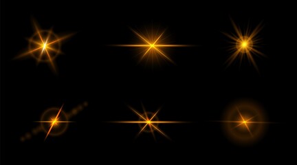 Set of flashes, star burst and sparkles on transparent background. golden glowing effect with light rays. Vector illustration.