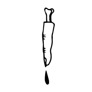 Severed human finger with protruding bone and dripping drop of blood. Hand drawn black outline doodle sketch engraving. Logo tattoo icon. Stock vector illustration isolated on white background.
