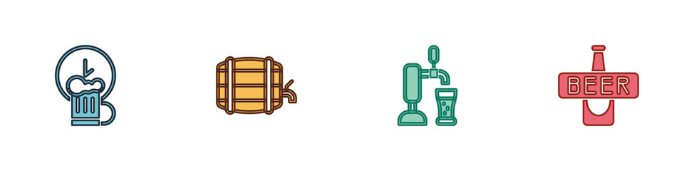 Set Happy hour, Wooden barrel on rack, Beer tap with glass and bottle icon. Vector.
