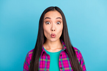 Portrait of shocked person lips speechless look camera plaid magenta outfit isolated on blue color background