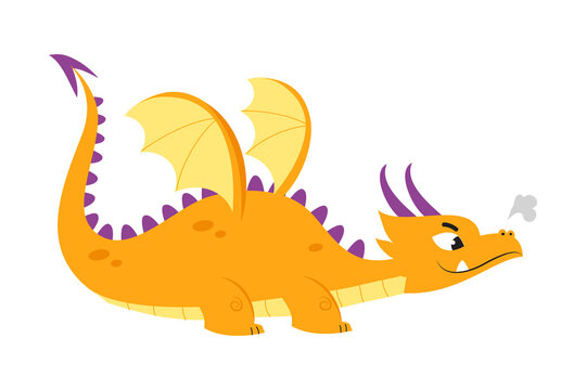 Cute Orange Little Dragon, Funny Baby Dinosaur Fairy Tale Character Cartoon Style Vector Illustration
