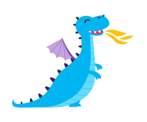 Cute Little Blue Baby Dragon Spitting Fire, Funny Fantastic Creature, Fairy Tale Character Cartoon Style Vector Illustration