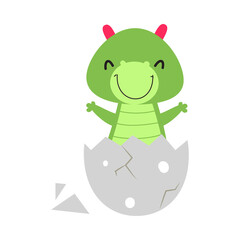 Cute Happy Little Green Dragon Sitting in Eggshell, Funny Baby Dinosaur, Fairy Tale Character Cartoon Style Vector Illustration