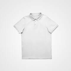 White mens polo template evenly laid out and isolated on background, fashionable clothes with buttons, front view.