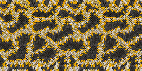 Seamless pattern with colorful reptiles print. Yellow and white viper gradient of scales. Snake skin texture imitation wallpaper. Animalistic leather vector background.