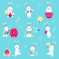 Cute Little Bunnies with Decorated Eggs Set, Adorable White Easter Rabbits, Easter Egg Hunt Card, Poster, Invitation Design Cartoon Style Vector Illustration