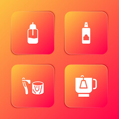 Set Essential oil bottle, Spray can for hairspray, Wooden axe in stump and Cup of tea with tea bag icon. Vector.
