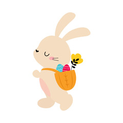 Cute Little Bunny Carrying Basket full of Colorful Eggs, Adorable Pink Easter Rabbit, Easter Egg Hunt Card, Poster, Invitation Template Cartoon Style Vector Illustration