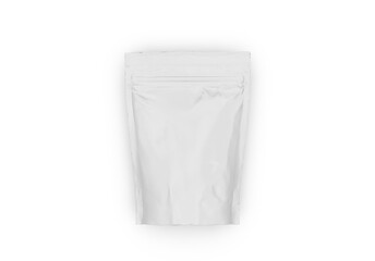 White blank foil food doy pack stand up pouch bag packaging with zipper, mockup template on isolated white background, 3d illustration
