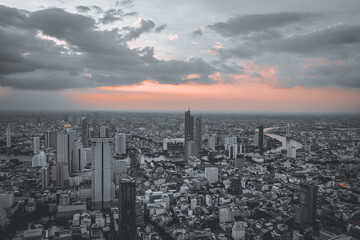 Aerial view of Bangkok city, Urban Photography, Urban skyscraper at sunset.