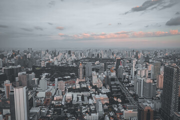 Aerial view of Bangkok city, Urban Photography, Urban skyscraper at sunset.