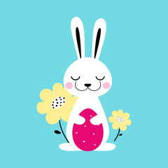 Cute Little Bunny Holding Decorated Egg and Spring Flowers, Adorable White Easter Rabbit, Easter Egg Hunt Card, Poster, Invitation Design Cartoon Style Vector Illustration